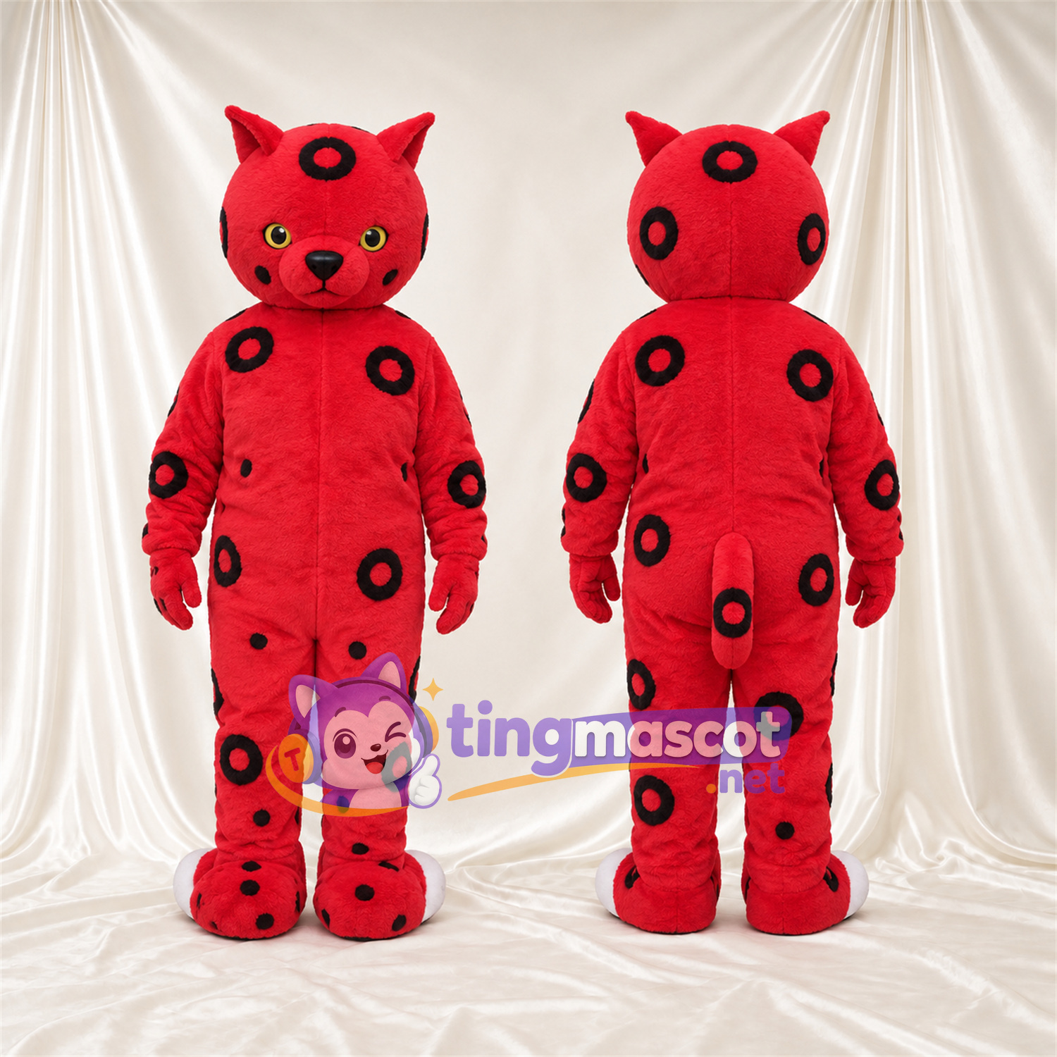 Costume de mascotte Chat – rouge – Taches (noir); Nez (rose) Costume de mascotte Chat – rouge – Taches (noir); Nez (rose)