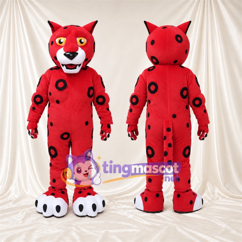 Costume de mascotte Chat – rouge – Taches (noir); Pieds (blanc)