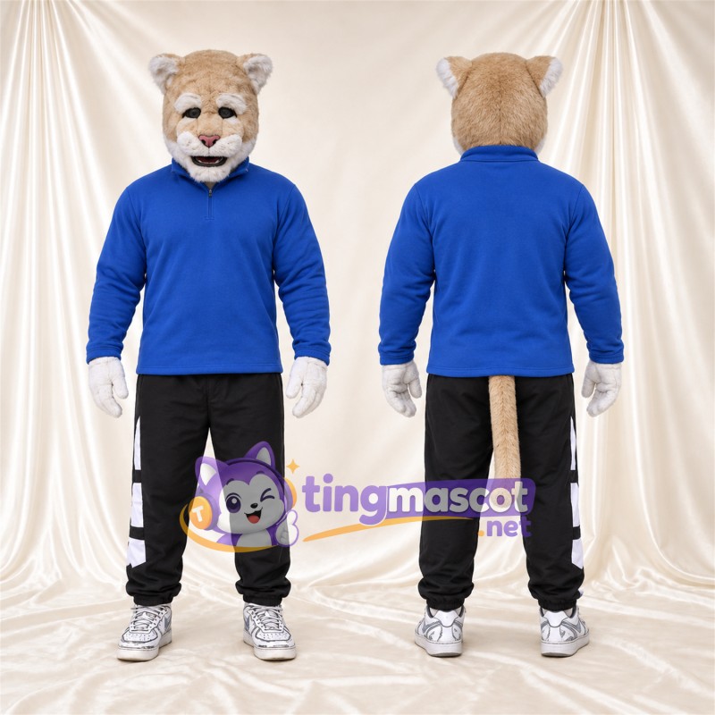 Costume de mascotte Lynx roux – brun clair – Haut (bleu); Pantalon (noir)