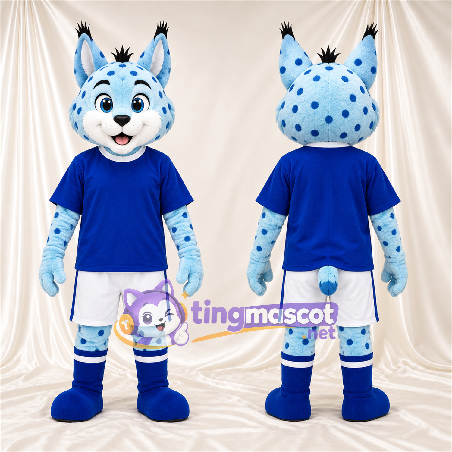 Maskottchenkostüm Luchs – blau / weiß – Hemd (blau); Shorts (weiß) Maskottchenkostüm Luchs – blau / weiß – Hemd (blau); Shorts (weiß)