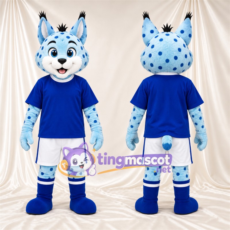 Blue and White Lynx Mascot Costume - Blue Shirt and White Shorts, Blue Feet and Blue Spots