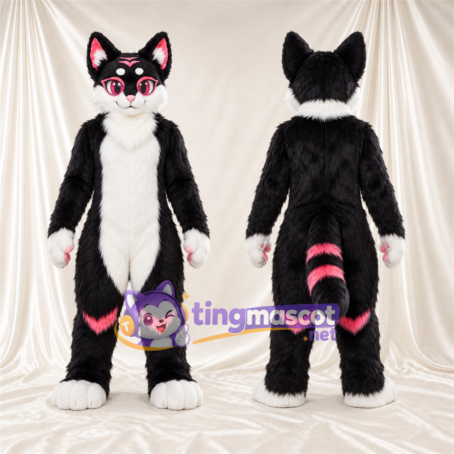 Black and White Cat Mascot Costume - Pink Accents Black and White Cat Mascot Costume - Pink Accents