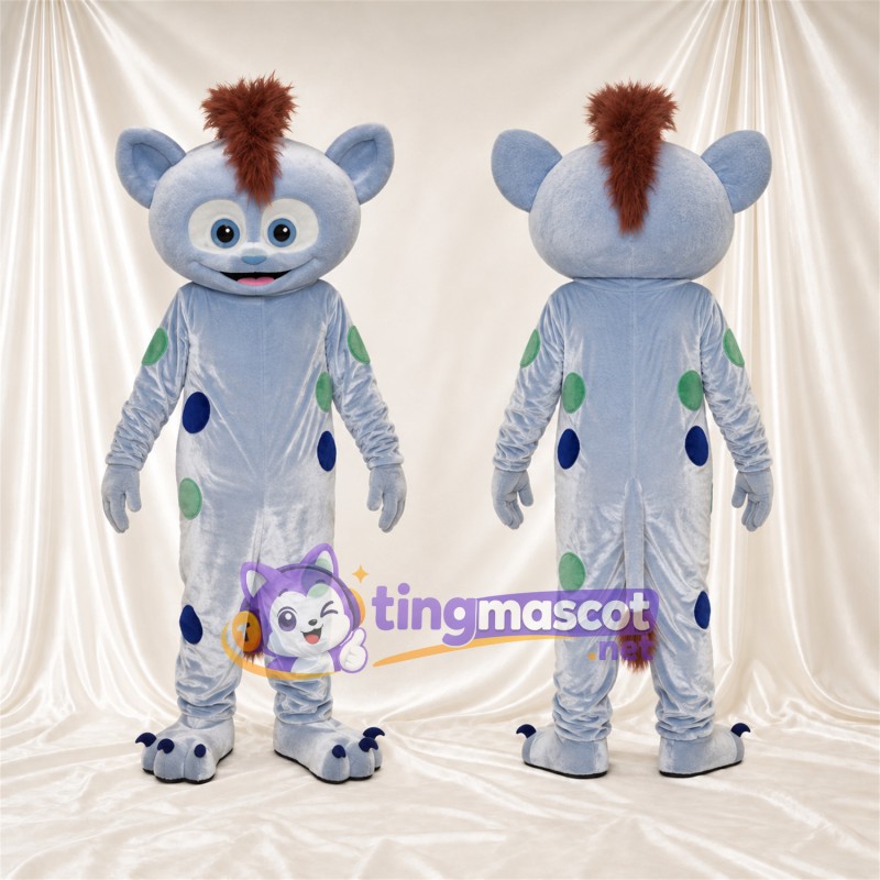 Costume de mascotte Monstre – bleu clair – Crête iroquoise (marron); Taches (vert / bleu)