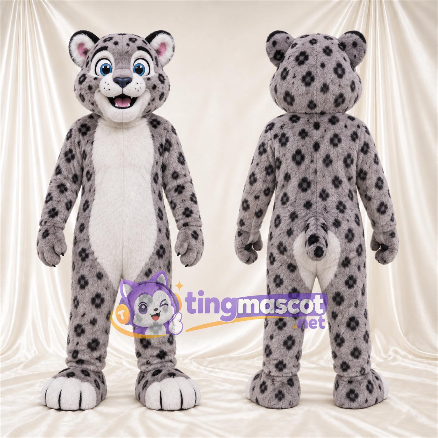 Gray and White Snow Leopard Mascot Costume - White Feet and Blue Eyes