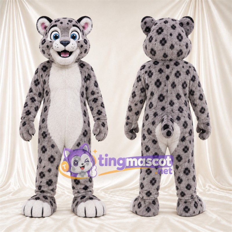 Gray and White Snow Leopard Mascot Costume - White Feet and Blue Eyes