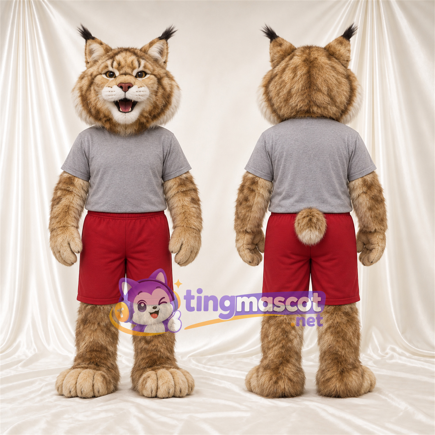 Costume de mascotte Lynx – brun clair – Chemise (gris); Short (rouge) Costume de mascotte Lynx – brun clair – Chemise (gris); Short (rouge)