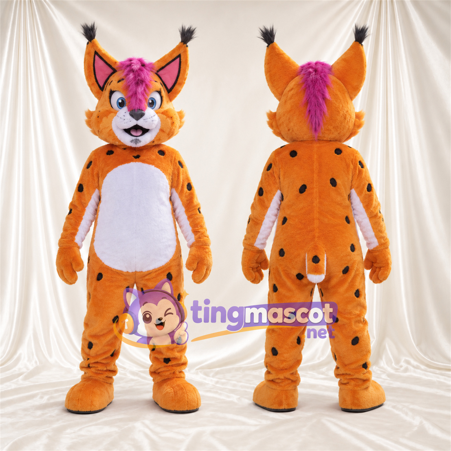 Costume de mascotte Lynx – orange / noir – Ventre (blanc); Touffe sur la tête (violet) Costume de mascotte Lynx – orange / noir – Ventre (blanc); Touffe sur la tête (violet)