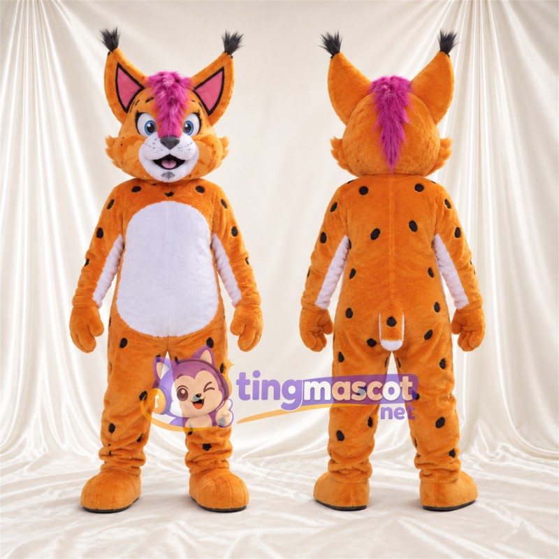 Costume de mascotte Lynx – orange / noir – Ventre (blanc); Touffe sur la tête (violet)