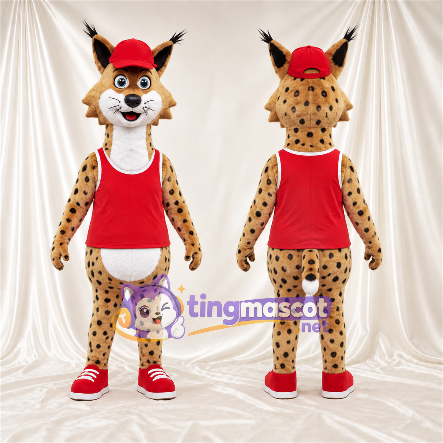 Costume de mascotte Lynx – orange / noir – Casquette (rouge); Chemise Costume de mascotte Lynx – orange / noir – Casquette (rouge); Chemise