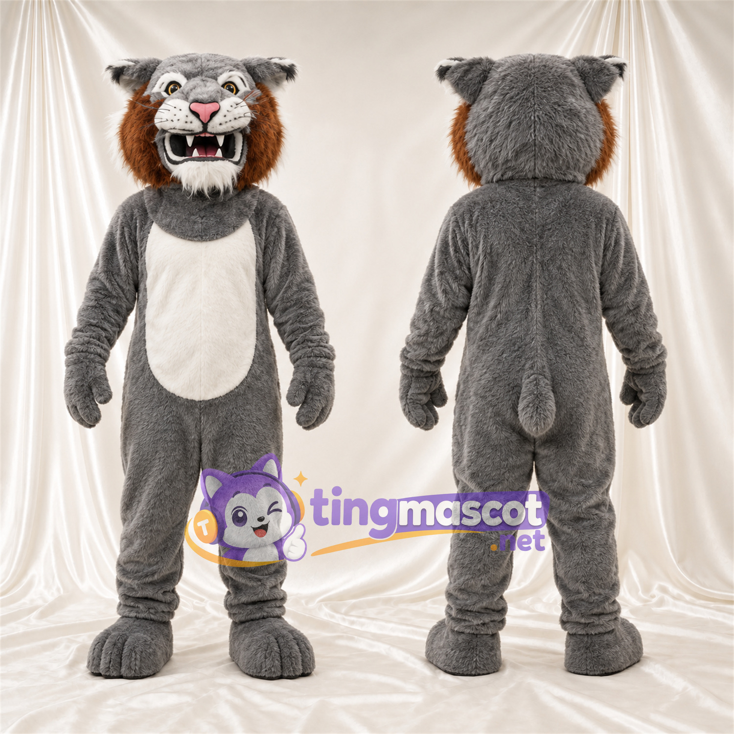Maskottchenkostüm Rotluchs – grau / weiß – Bauch (weiß); Wangen (weiß) Maskottchenkostüm Rotluchs – grau / weiß – Bauch (weiß); Wangen (weiß)