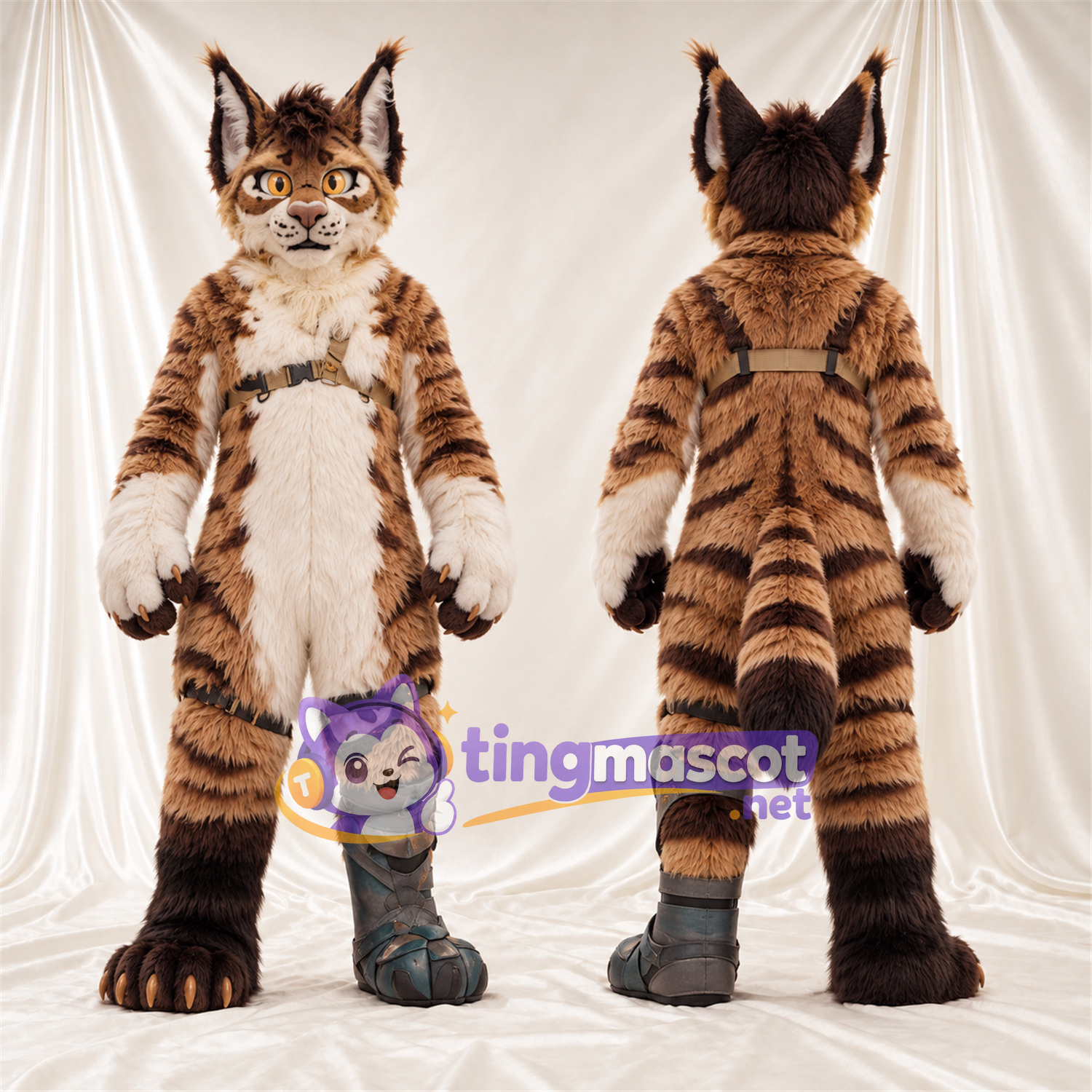 Costume de mascotte Lynx – orange / noir – Ventre (blanc); Rayures (noir)