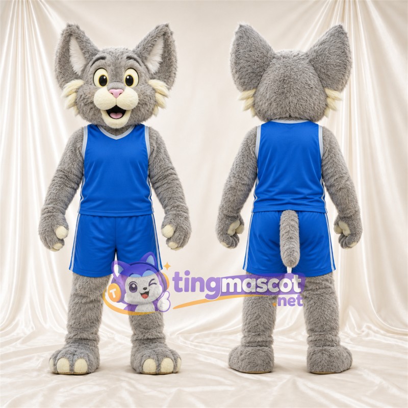 Costume de mascotte Chat sauvage – gris / blanc – Tenue de basket (bleu)