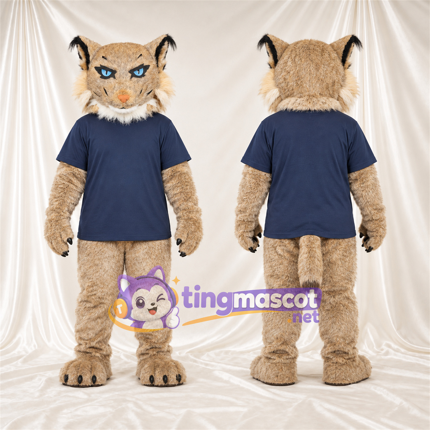 Costume de mascotte Lynx – brun clair – Chemise (bleu marine) Costume de mascotte Lynx – brun clair – Chemise (bleu marine)