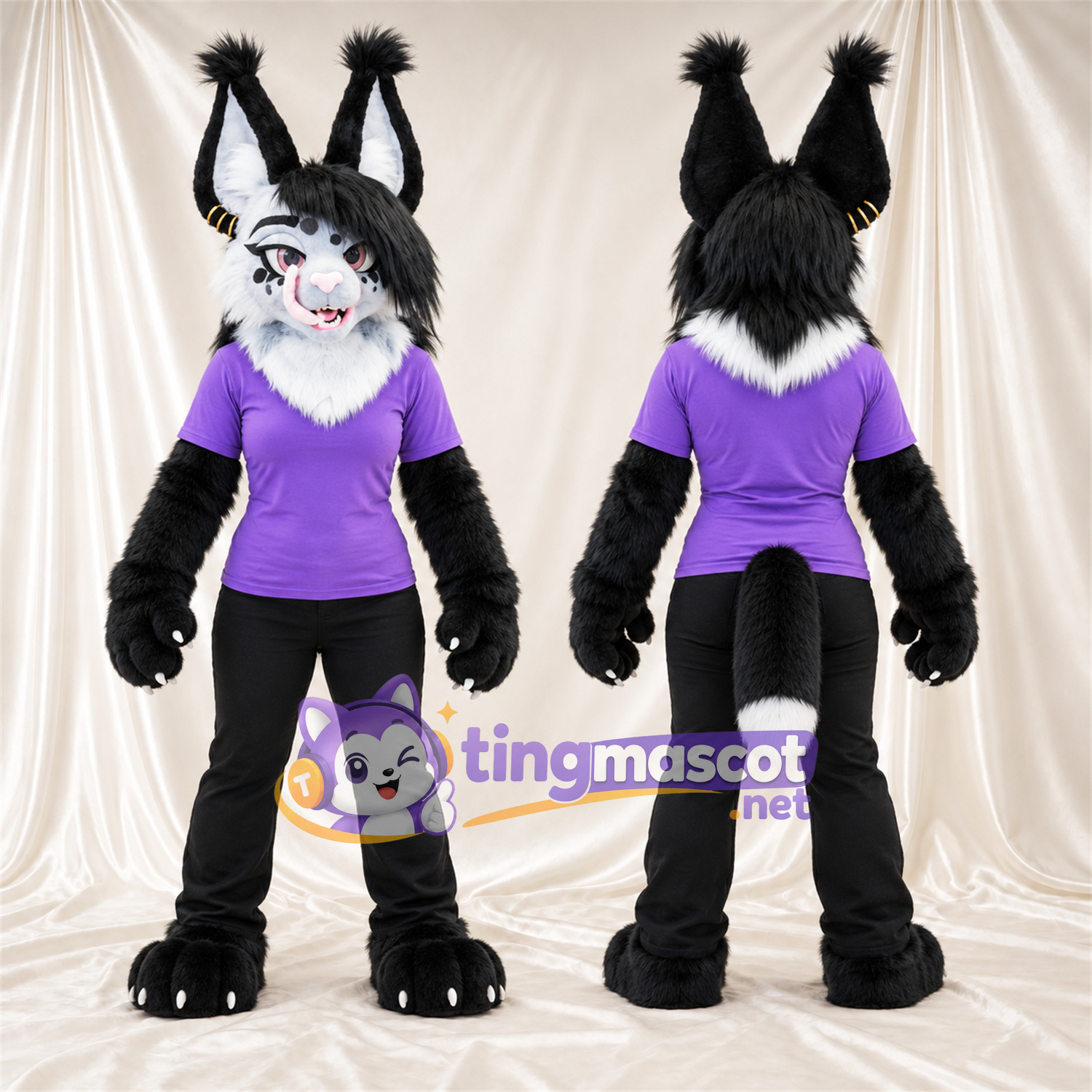 Black and White Lynx Mascot Costume - Purple Shirt Black and White Lynx Mascot Costume - Purple Shirt