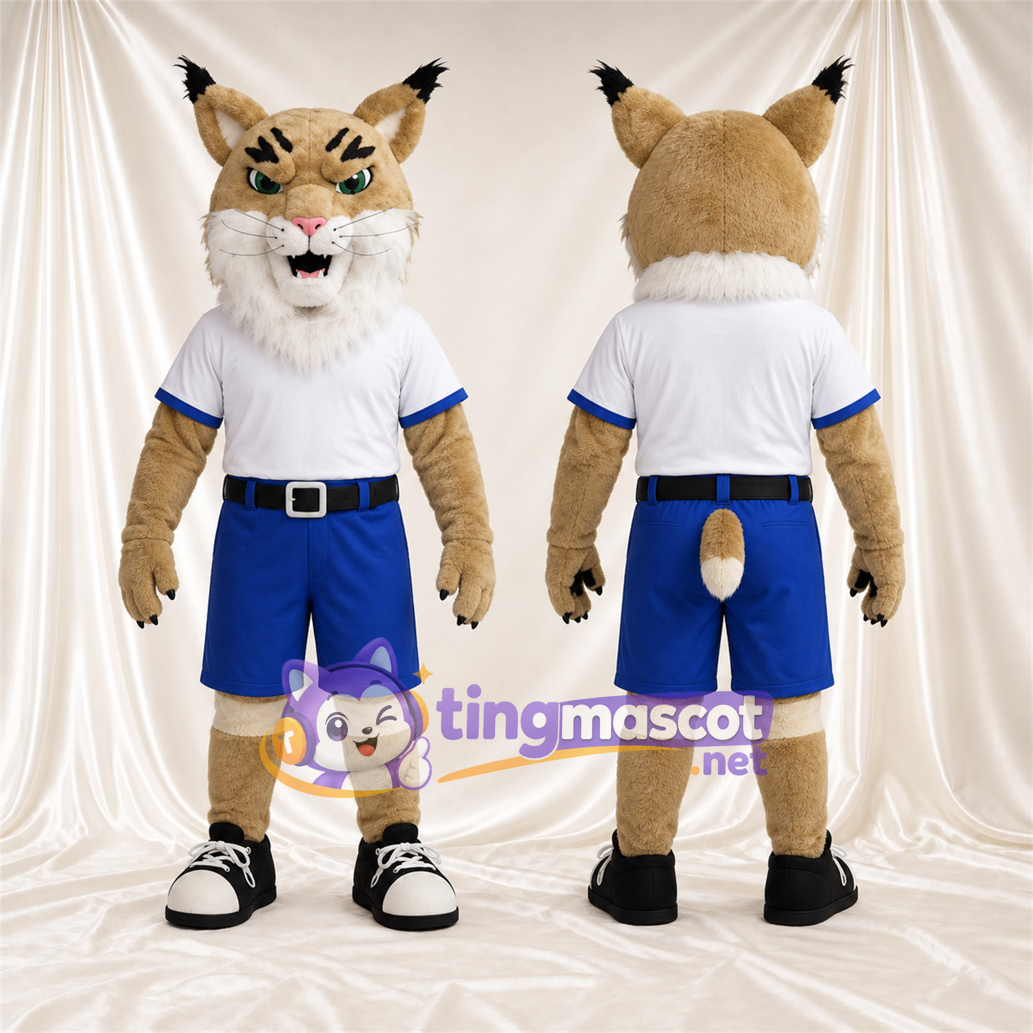 Costume de mascotte Lynx – brun clair – Chemise (blanc); Short (bleu) Costume de mascotte Lynx – brun clair – Chemise (blanc); Short (bleu)