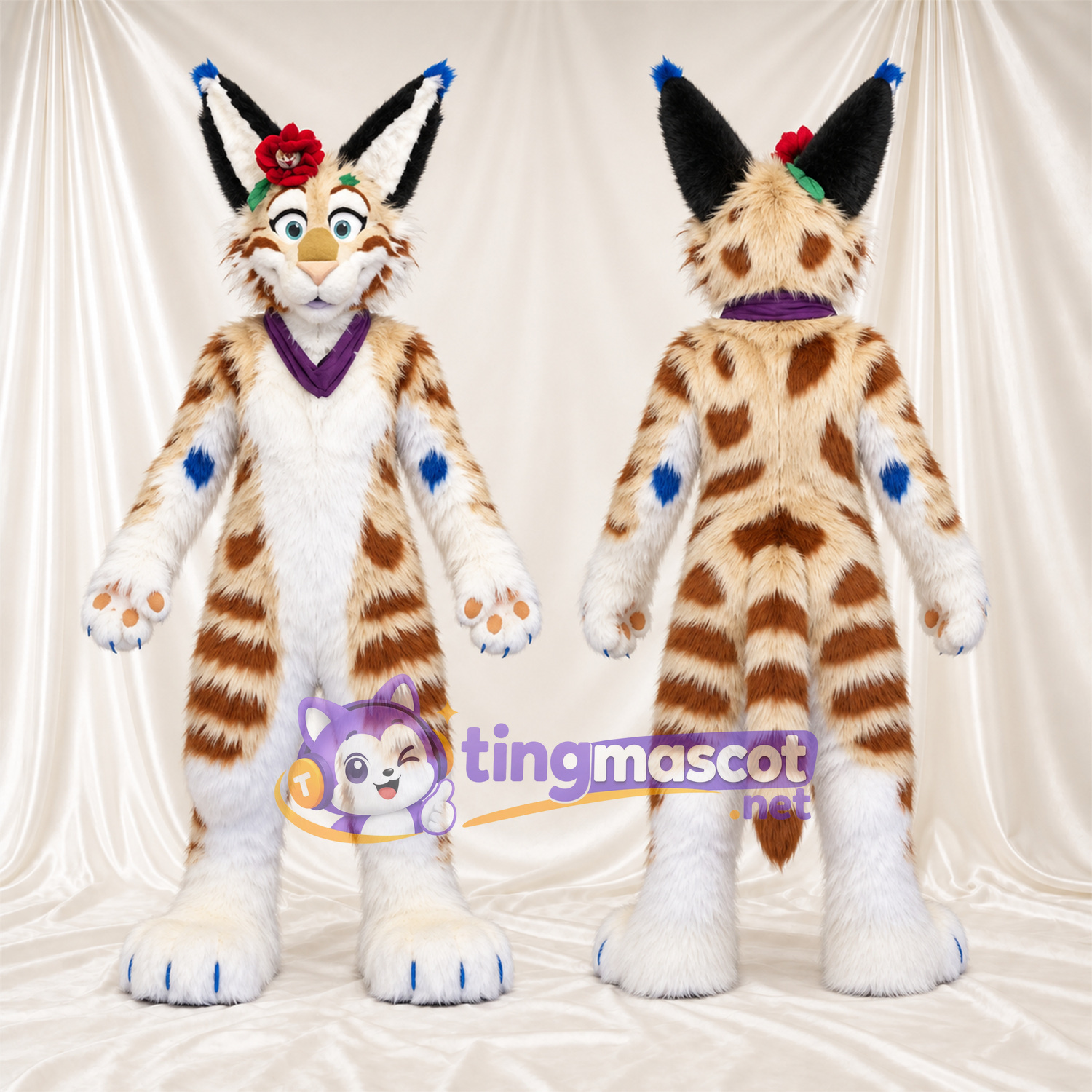 Brown and White Lynx Mascot Costume - Purple Neck Scarf and Red Flower Brown and White Lynx Mascot Costume - Purple Neck Scarf and Red Flower