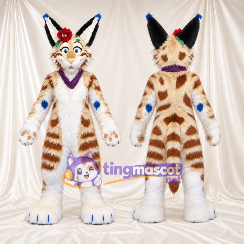 Brown and White Lynx Mascot Costume - Purple Neck Scarf and Red Flower