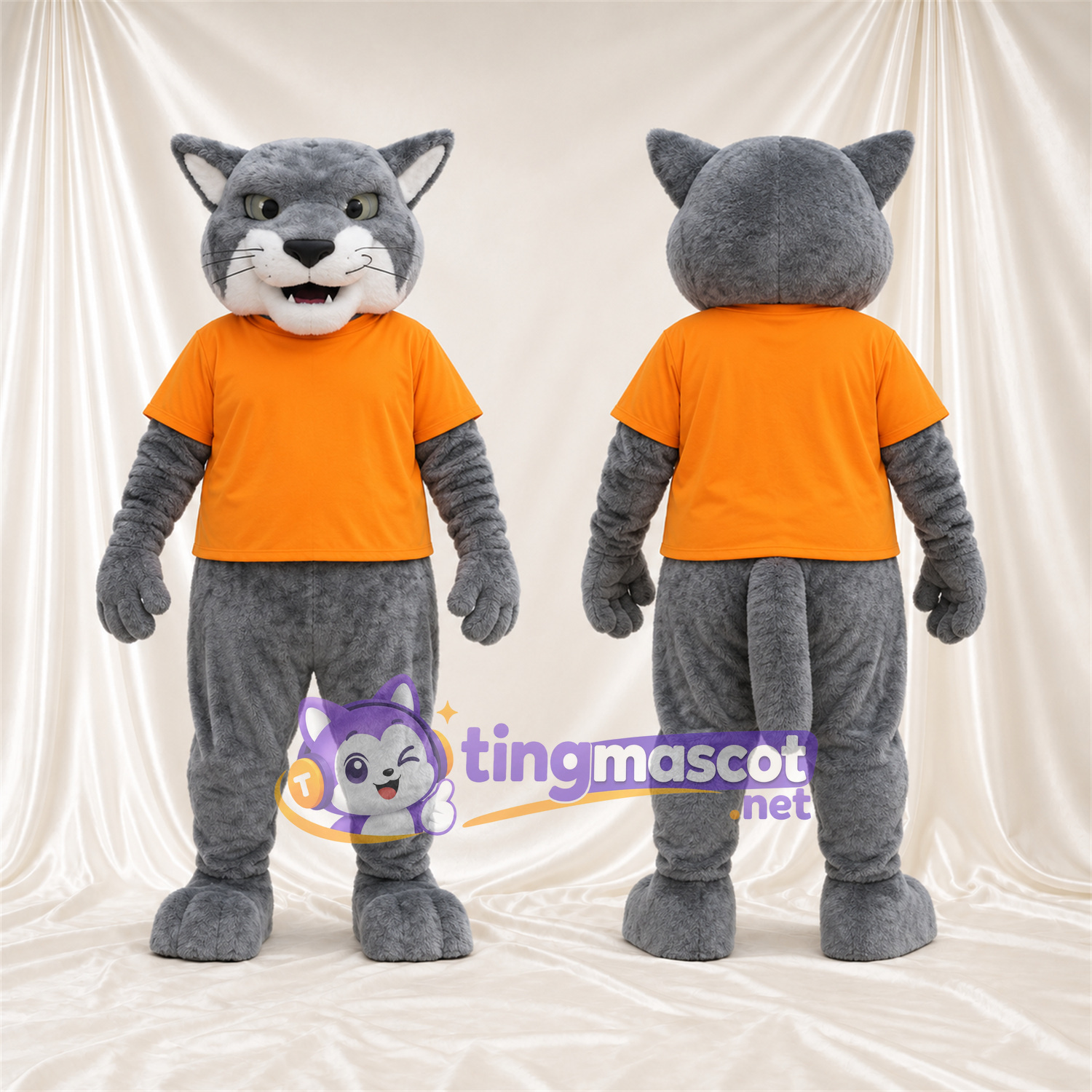 Costume de mascotte Chat – gris / blanc – Chemise (orange) Costume de mascotte Chat – gris / blanc – Chemise (orange)