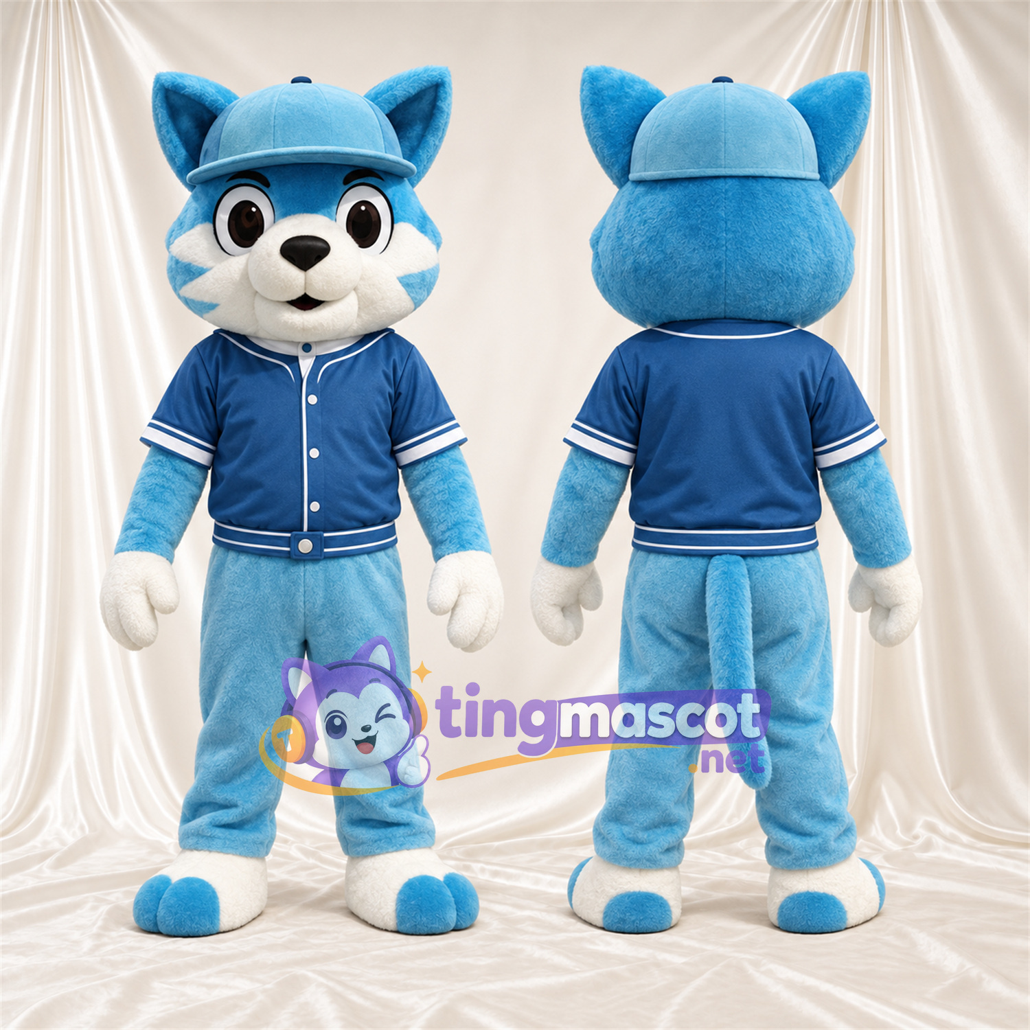 Blue and White Cat Mascot Costume - Blue Jacket and Cap Blue and White Cat Mascot Costume - Blue Jacket and Cap