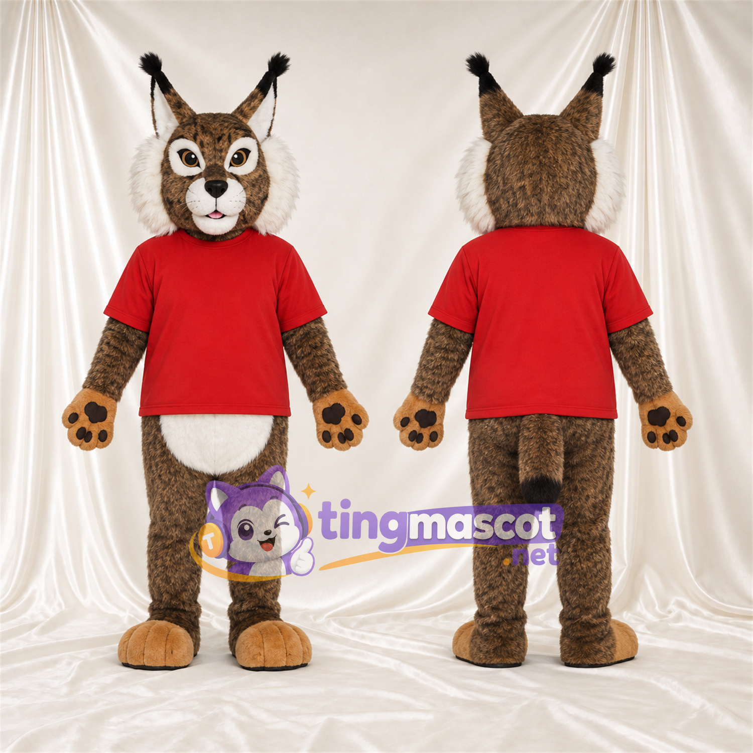 Brown and White Lynx Mascot Costume - Red Shirt Brown and White Lynx Mascot Costume - Red Shirt