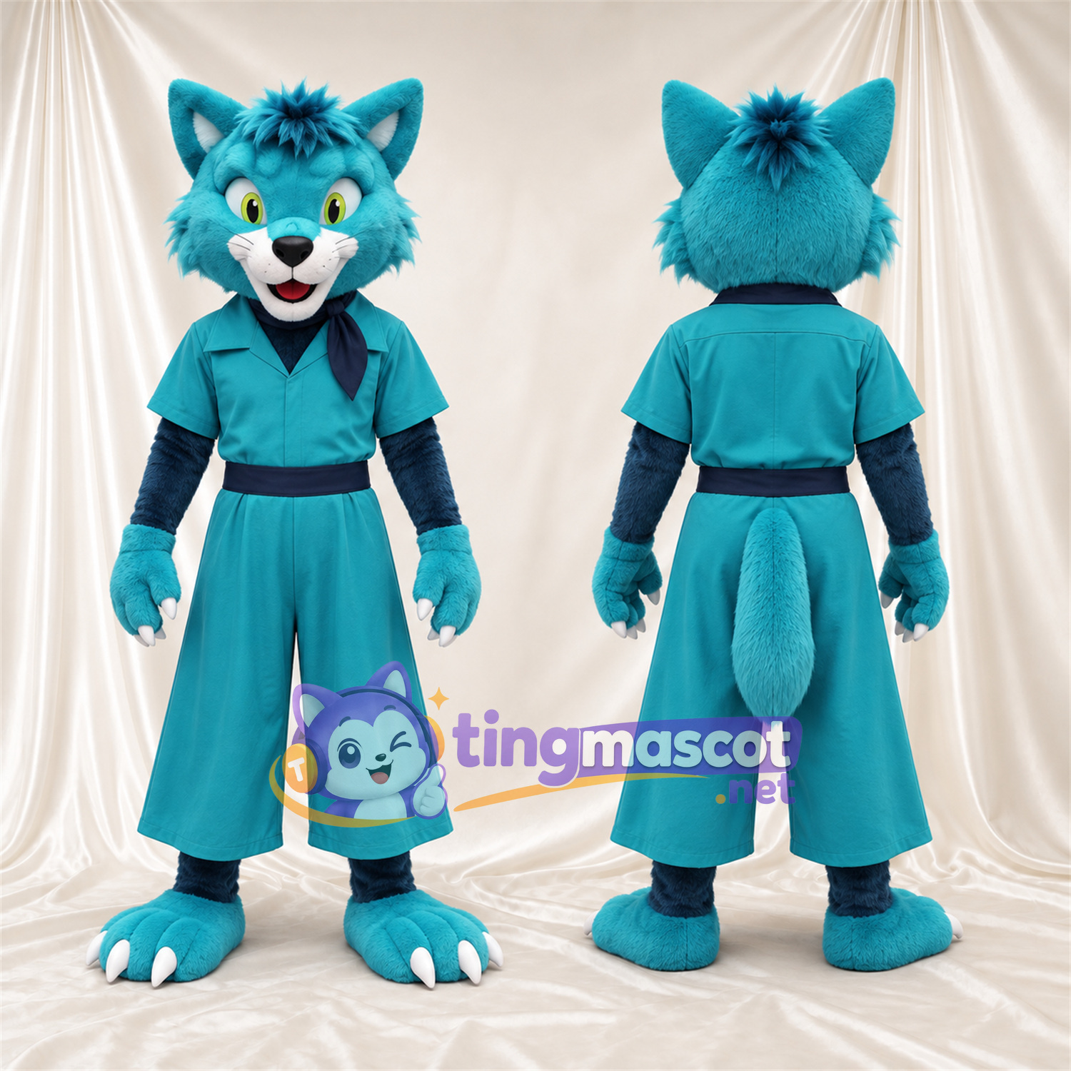 Blue and White Fox Mascot Costume - Turquoise Jumpsuit Blue and White Fox Mascot Costume - Turquoise Jumpsuit