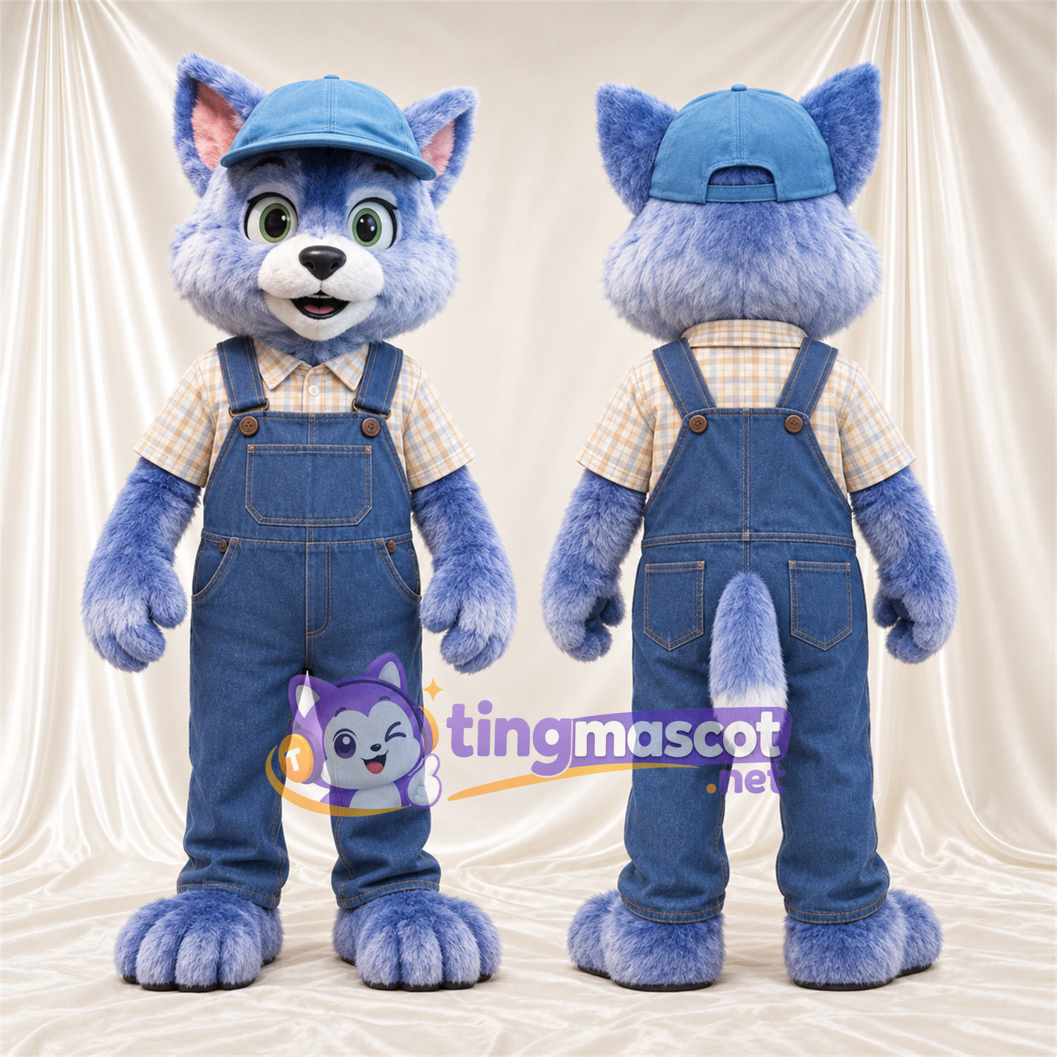 Costume de mascotte Chat – bleu – Salopette; Casquette Costume de mascotte Chat – bleu – Salopette; Casquette