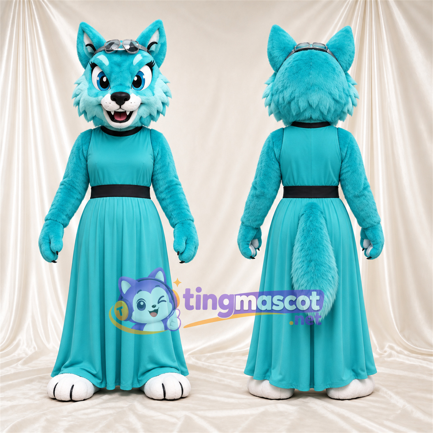 Blue and White Fox Mascot Costume - Turquoise Dress Blue and White Fox Mascot Costume - Turquoise Dress
