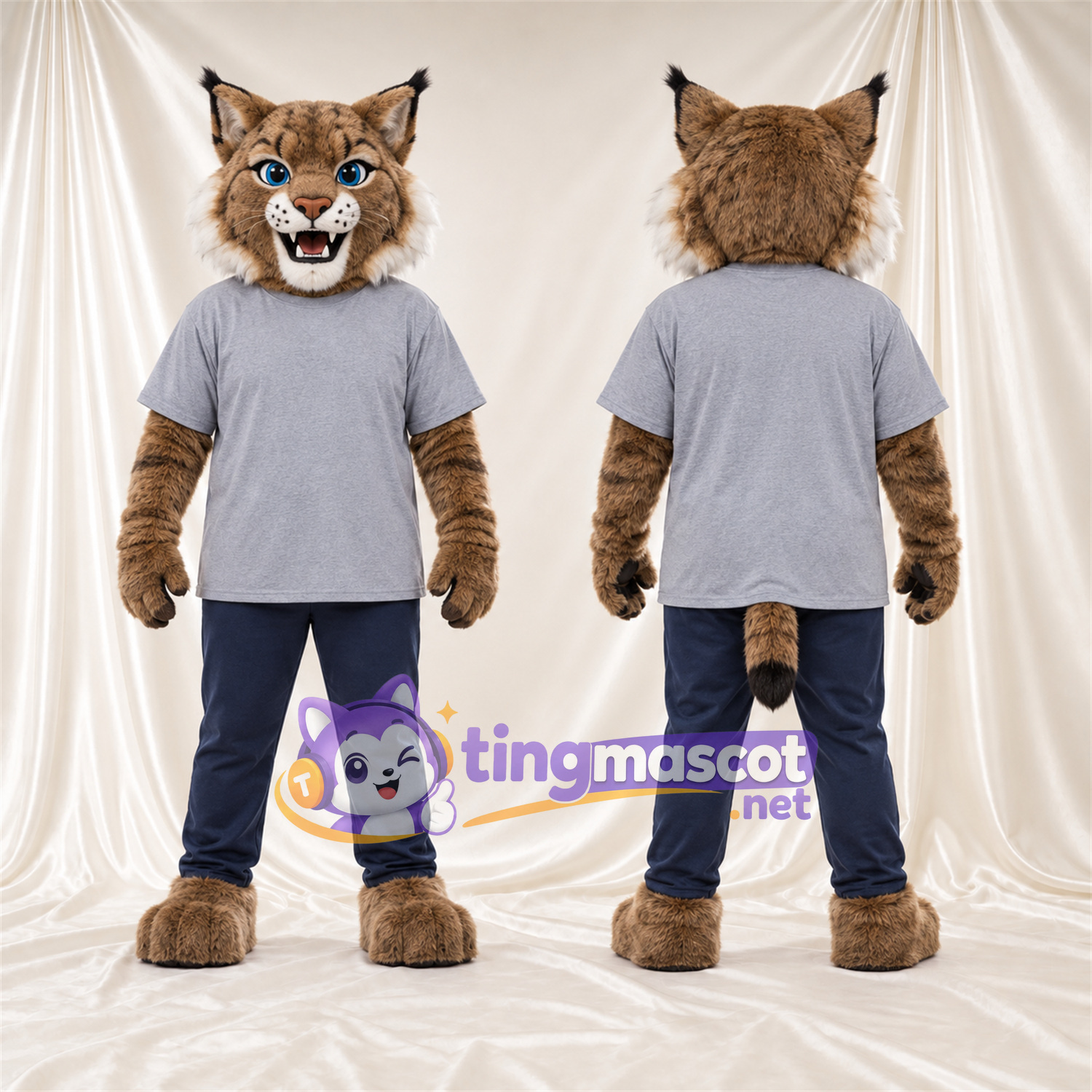 Costume de mascotte Lynx – brun clair – Chemise (gris); Pantalon (bleu marine) Costume de mascotte Lynx – brun clair – Chemise (gris); Pantalon (bleu marine)