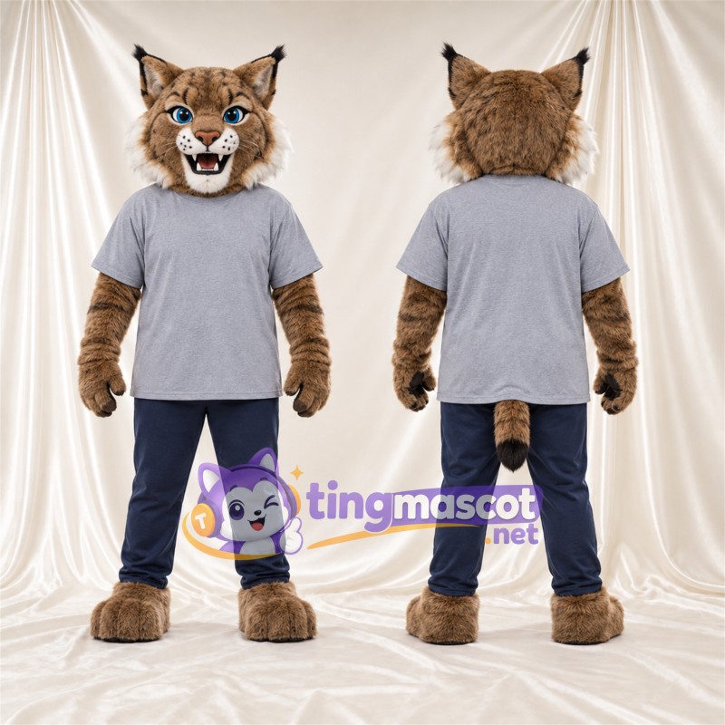 Costume de mascotte Lynx – brun clair – Chemise (gris); Pantalon (bleu marine)