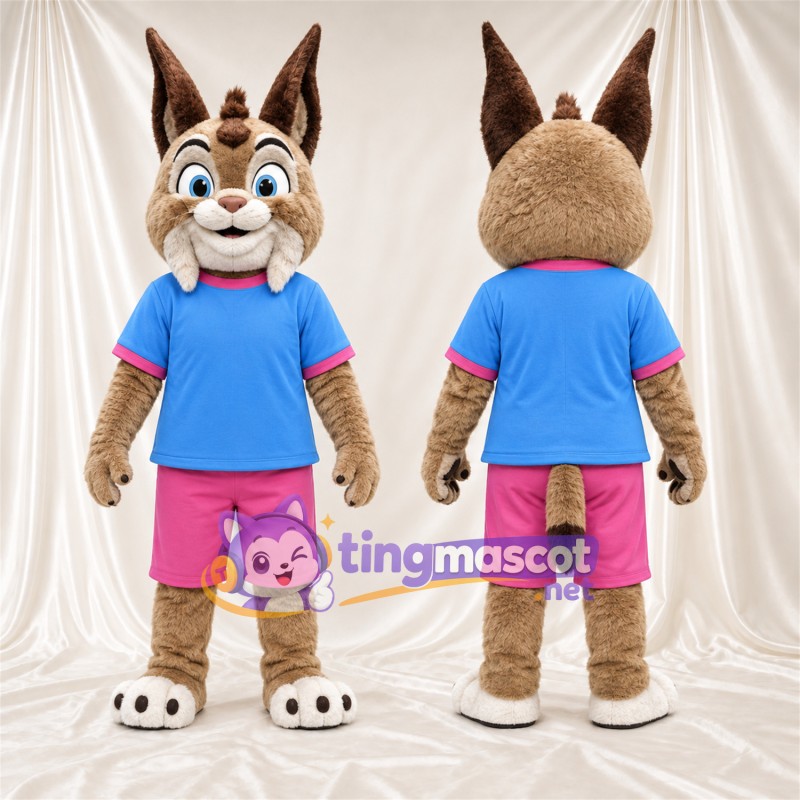 Costume de mascotte Lynx – brun clair – Chemise (bleu); Short (rose)