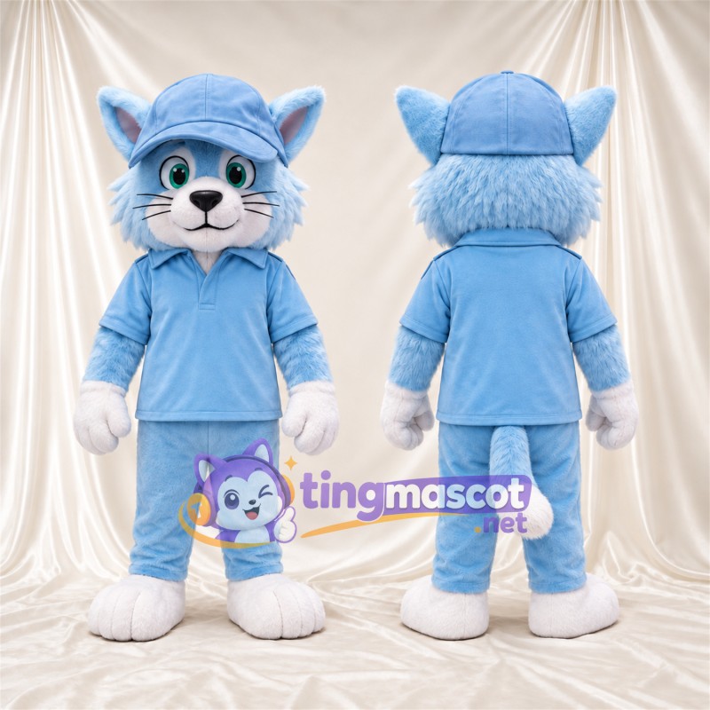 Costume de mascotte Chat – bleu / blanc – Survêtement (bleu); Casquette