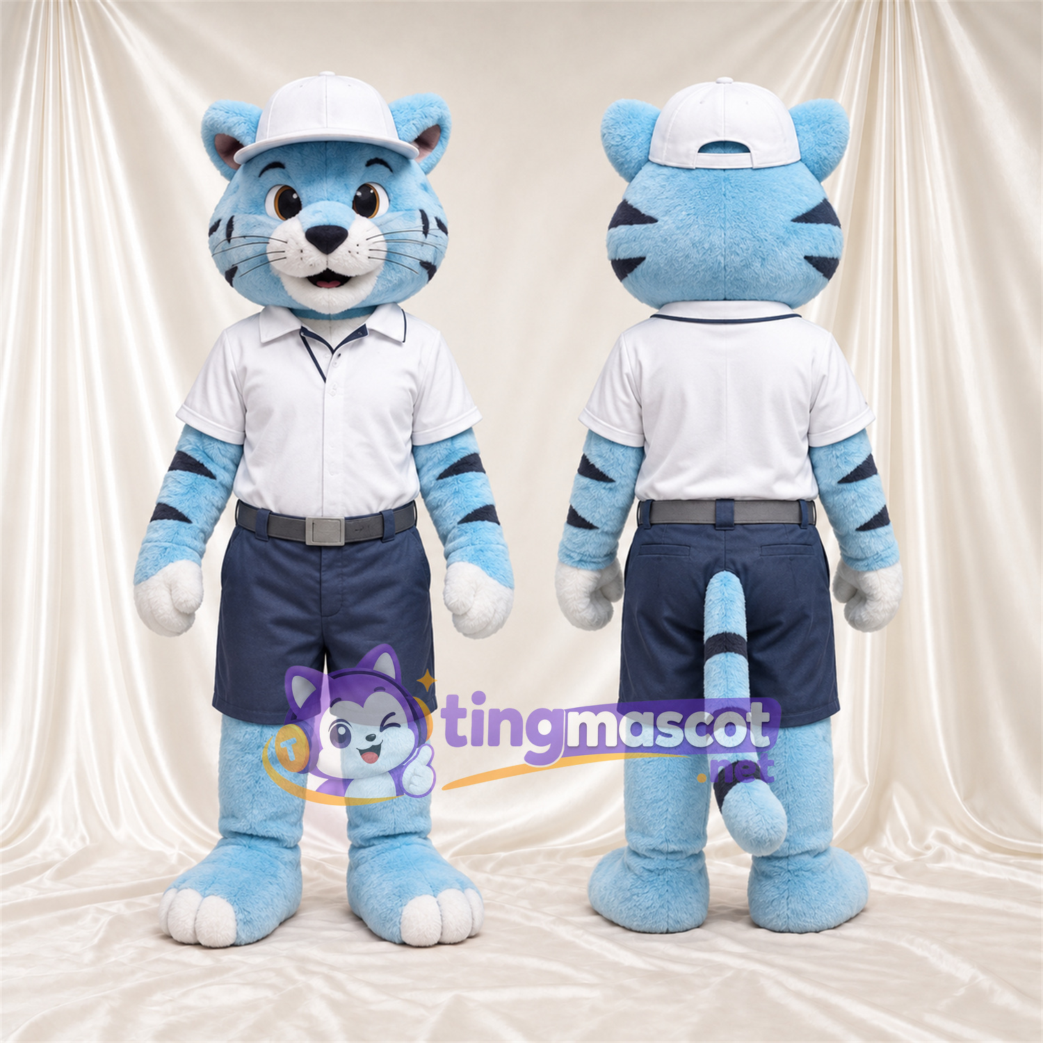 Blue Tiger Mascot Costume - White Shirt, Navy Shorts and Cap Blue Tiger Mascot Costume - White Shirt, Navy Shorts and Cap