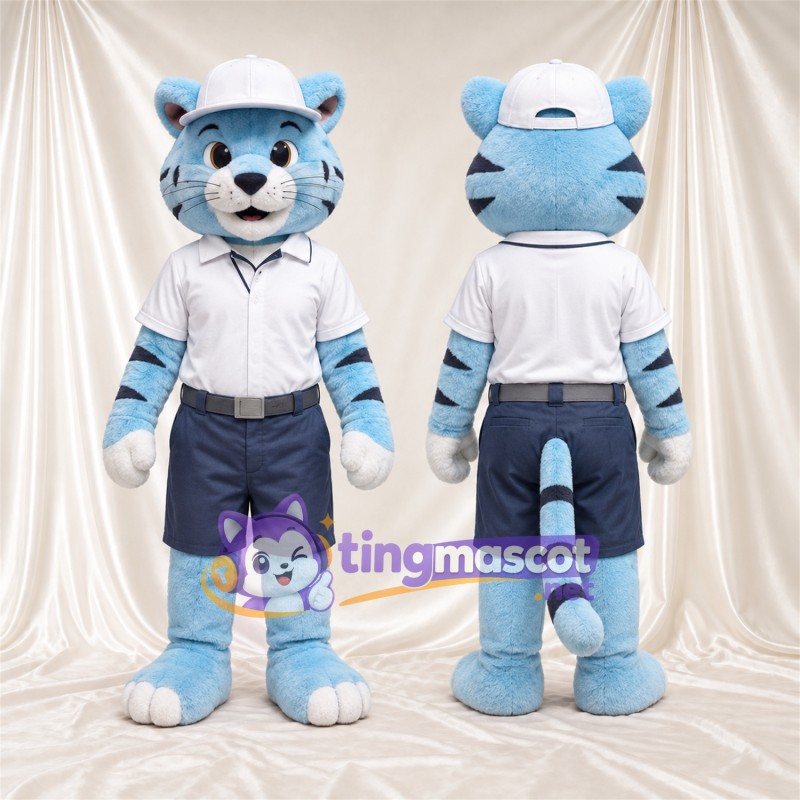 Blue Tiger Mascot Costume - White Shirt, Navy Shorts and Cap