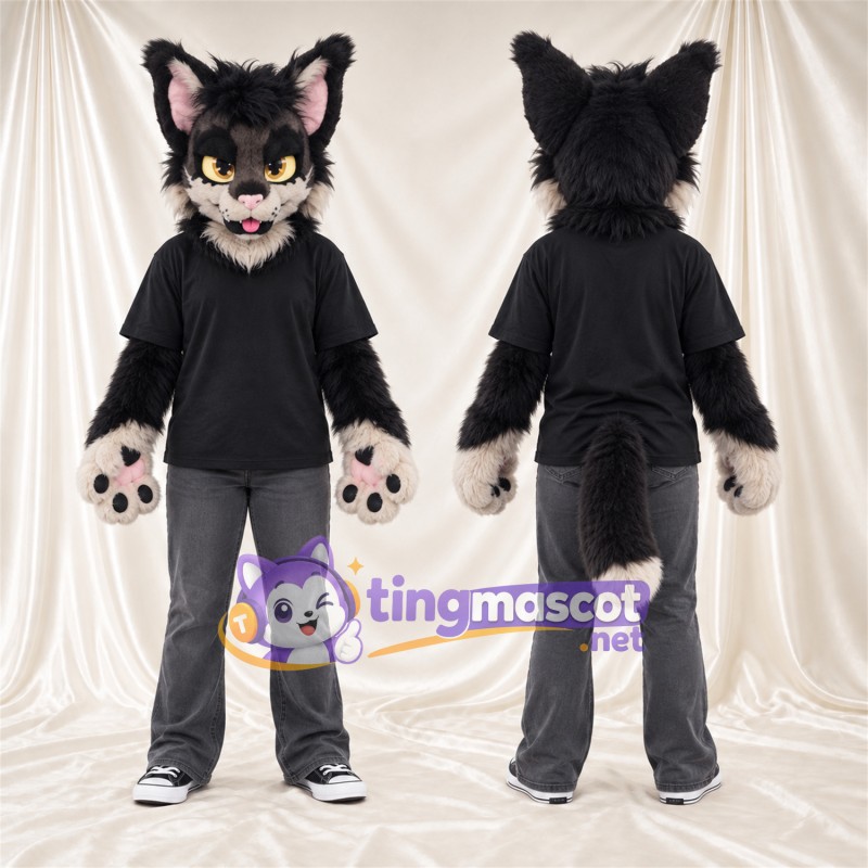 Black Lynx Mascot Costume - Black Shirt and Gray Pants