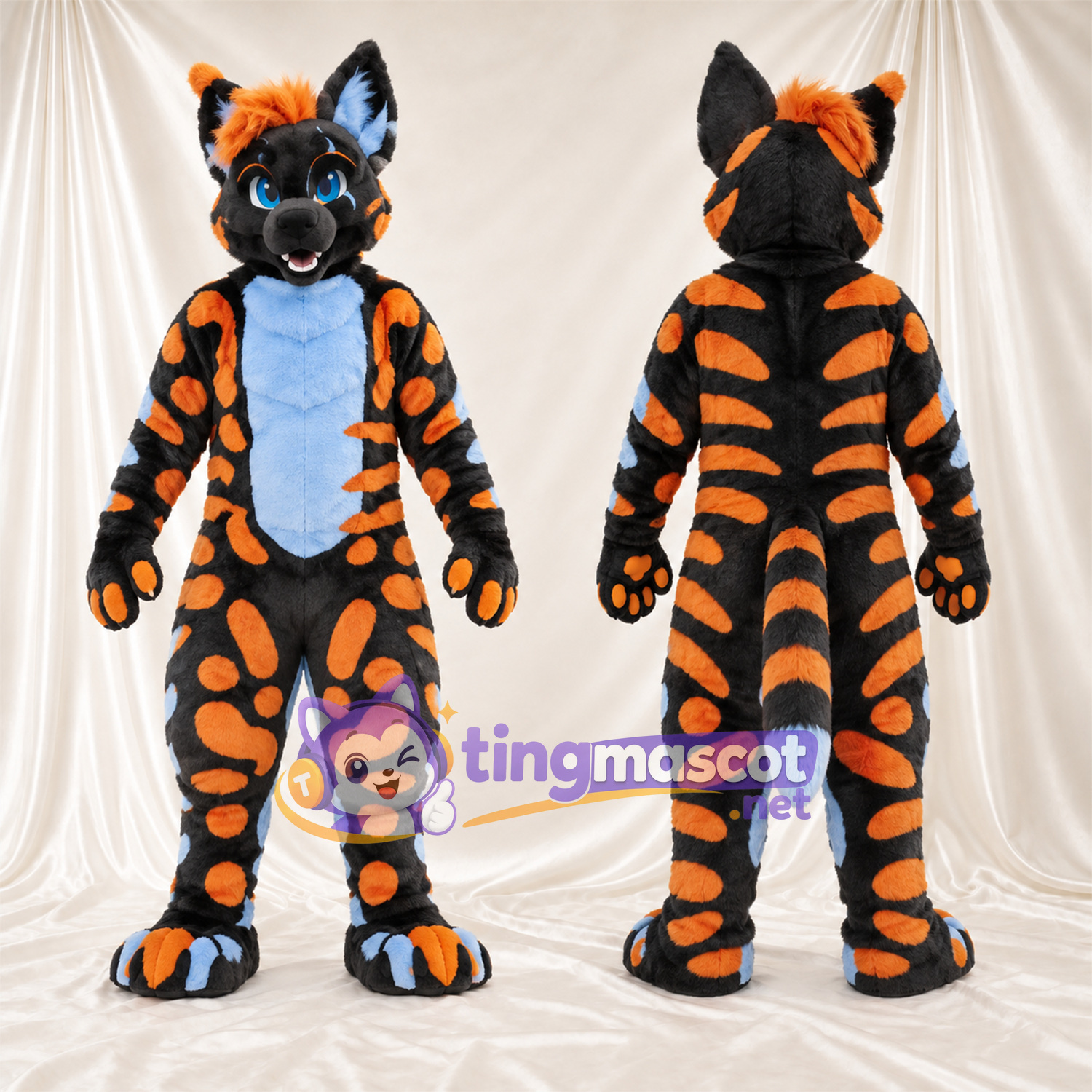 Costume de mascotte Chien – noir / orange – Ventre (bleu); Queue rayée Costume de mascotte Chien – noir / orange – Ventre (bleu); Queue rayée