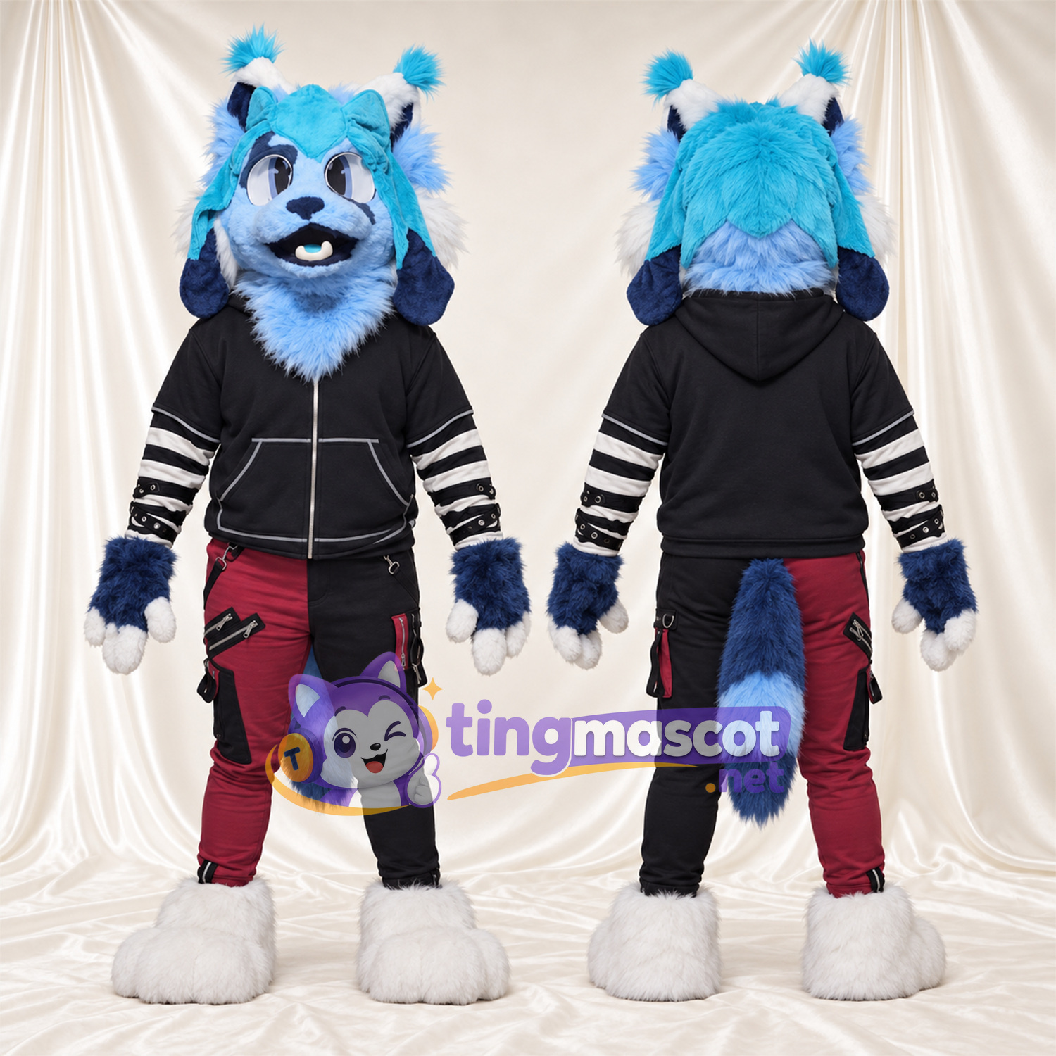 Blue and White Lynx Mascot Costume - Black Hoodie and Burgundy Pants Blue and White Lynx Mascot Costume - Black Hoodie and Burgundy Pants