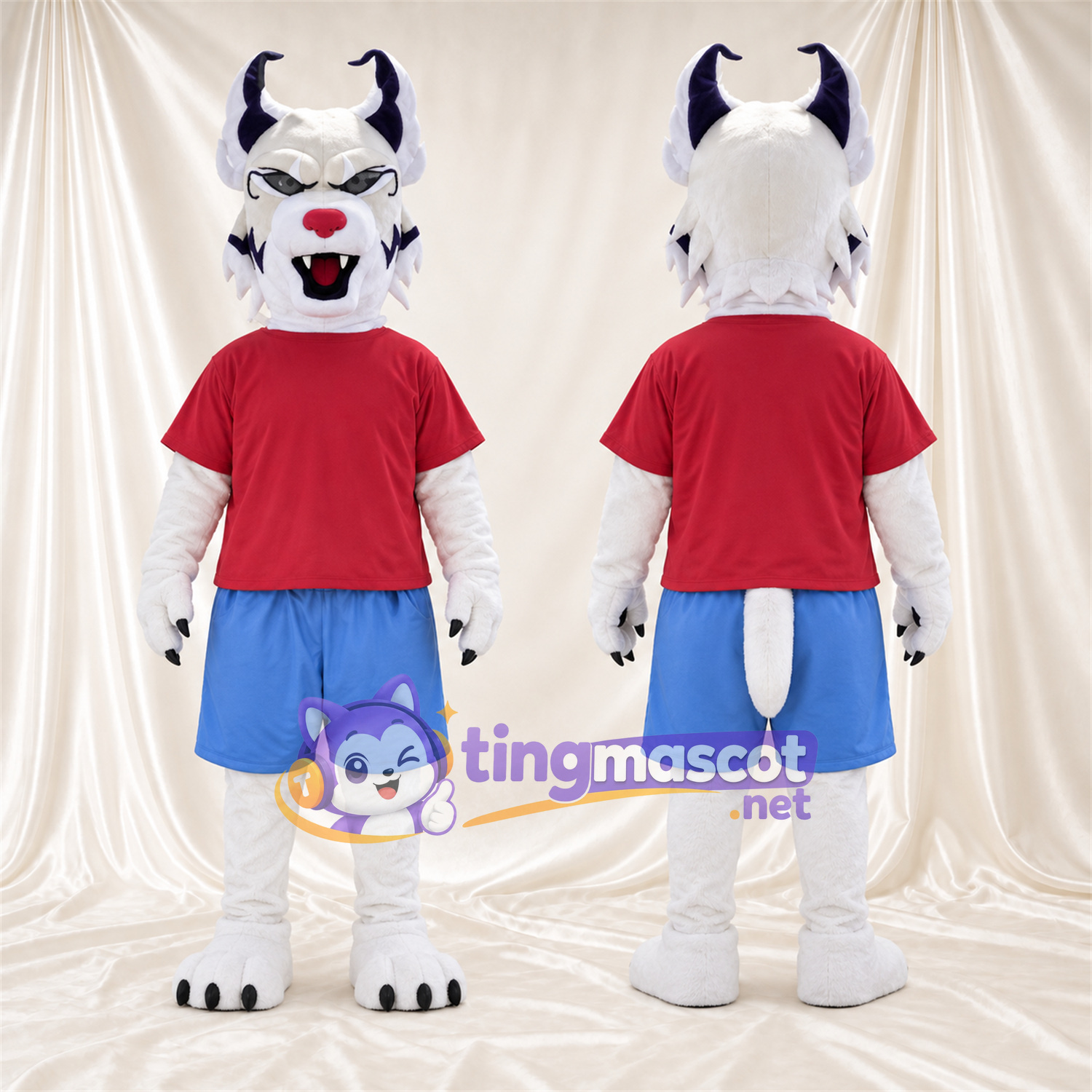 Costume de mascotte Monstre – blanc – Cornes (violet); Chemise (rouge) Costume de mascotte Monstre – blanc – Cornes (violet); Chemise (rouge)