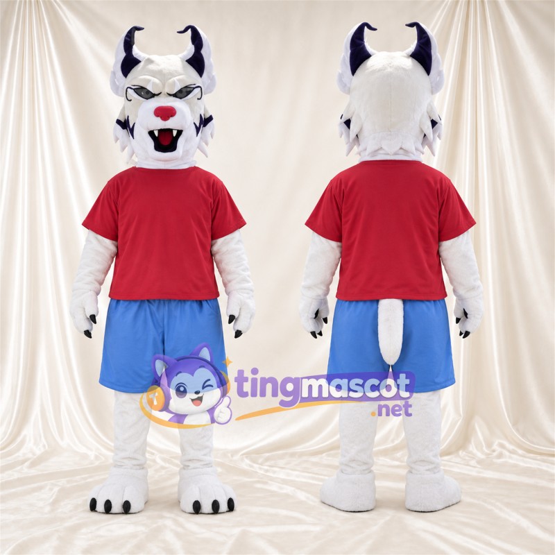 Costume de mascotte Monstre – blanc – Cornes (violet); Chemise (rouge)