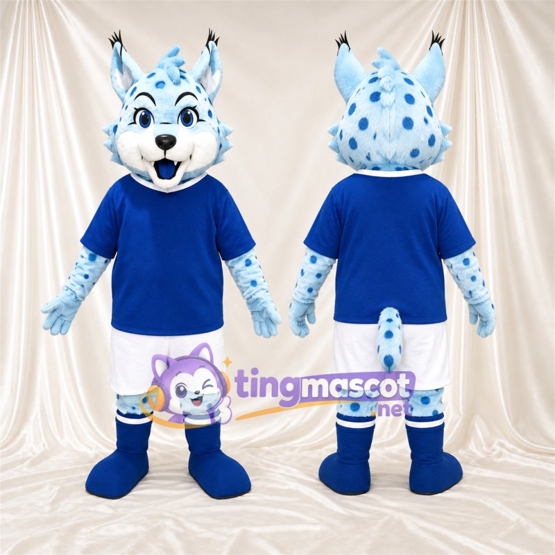 Blue and White Lynx Mascot Costume - Blue Shirt and White Shorts, Blue Spots and White Toes