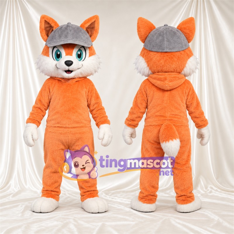 Maskottchenkostüm Fuchs – orange / weiß – Kapuzenpullover (orange); Kappe (grau)