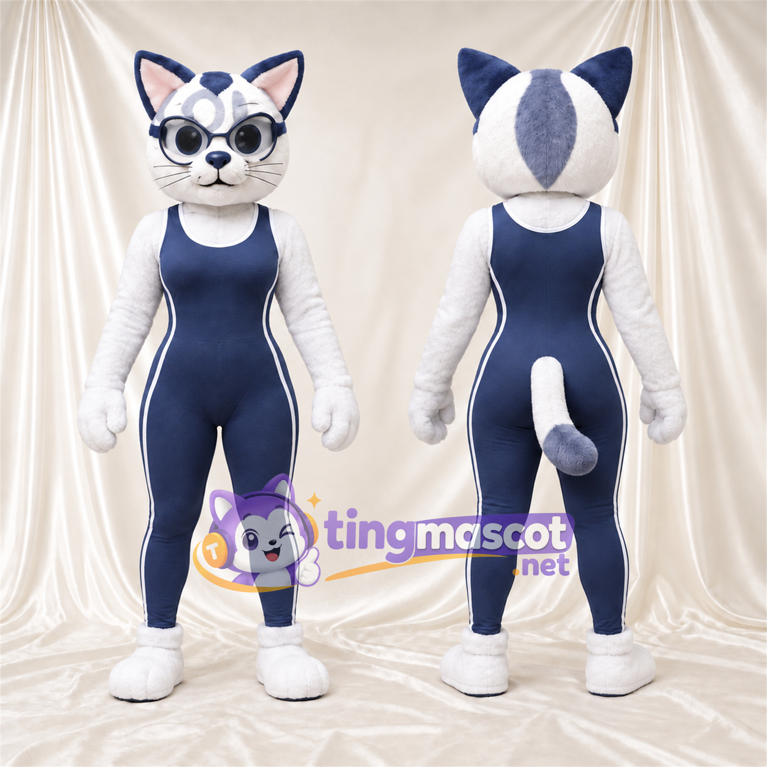 Costume de mascotte Chat – blanc / bleu – Lunettes de protection Costume de mascotte Chat – blanc / bleu – Lunettes de protection