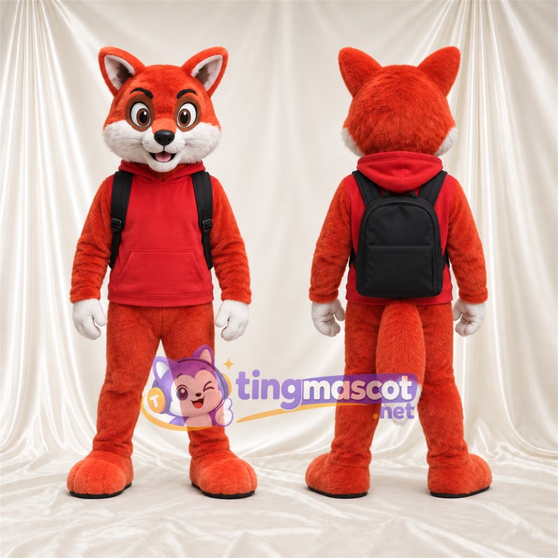 Maskottchenkostüm Fuchs – orange / weiß – Trainingsanzug (rot); Rucksack (schwarz)