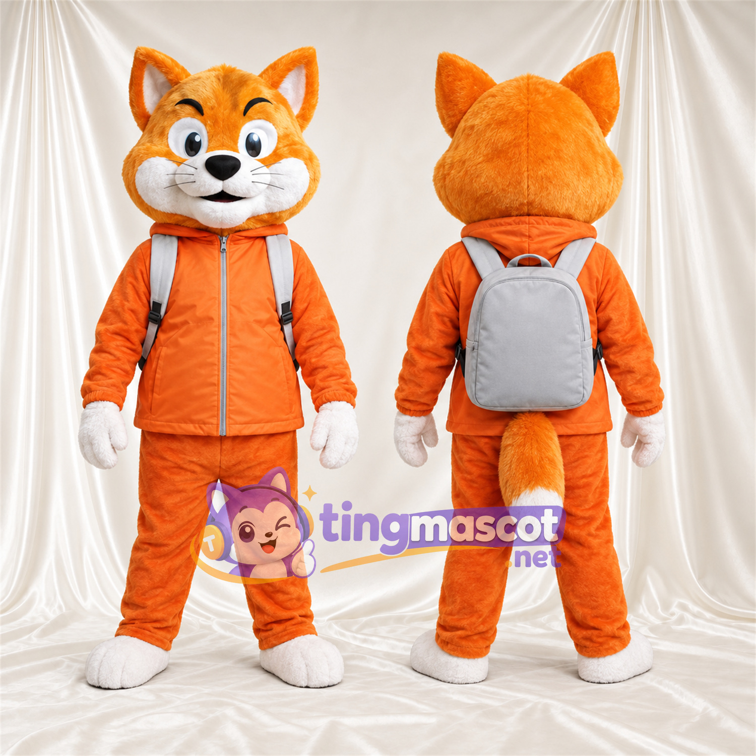 Maskottchenkostüm Fuchs – orange / weiß – Trainingsanzug (orange); Rucksack (grau) Maskottchenkostüm Fuchs – orange / weiß – Trainingsanzug (orange); Rucksack (grau)