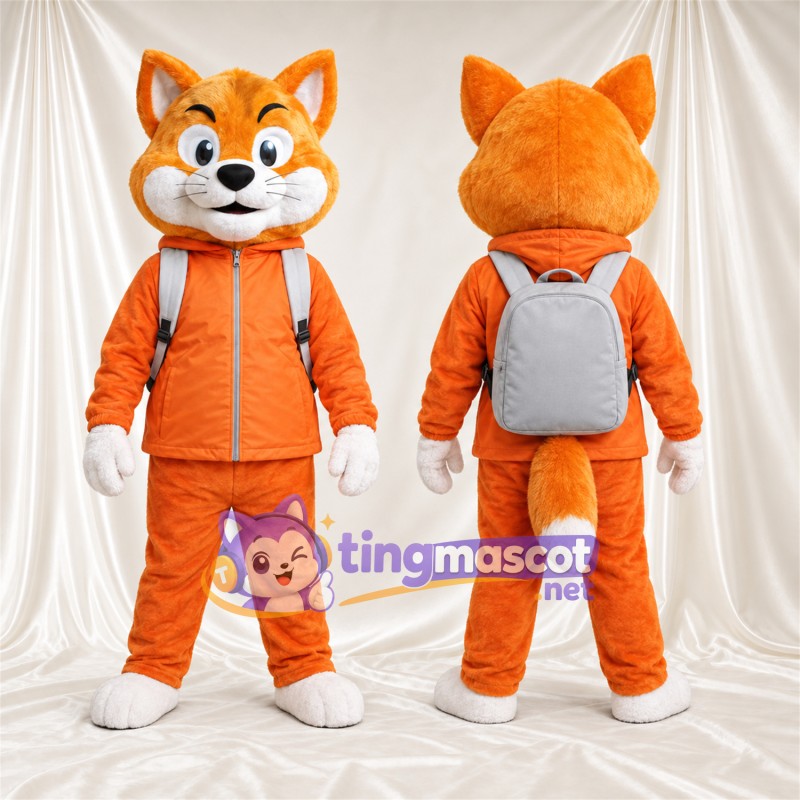 Maskottchenkostüm Fuchs – orange / weiß – Trainingsanzug (orange); Rucksack (grau)