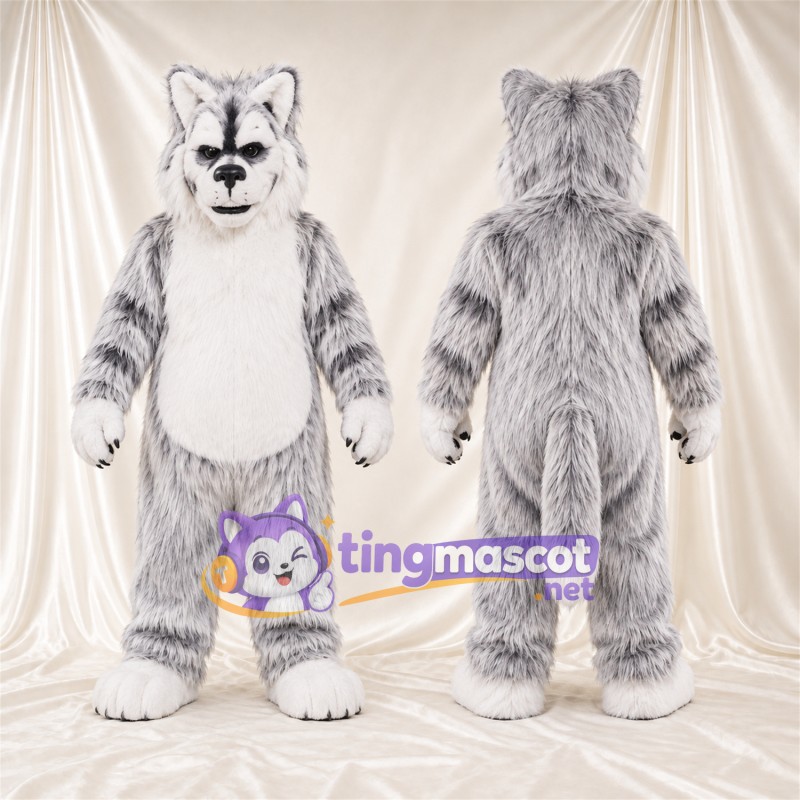 Costume de mascotte Chat sauvage – gris / blanc – Ventre (blanc); Rayures (noir)