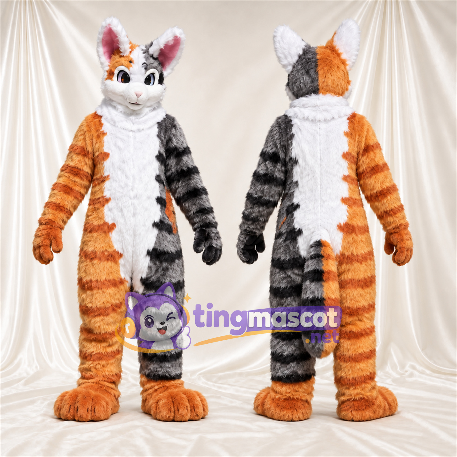 Maskottchenkostüm Glückskatze – orange / weiß / grau – Nase (rosa); Gestreifte Beine Maskottchenkostüm Glückskatze – orange / weiß / grau – Nase (rosa); Gestreifte Beine