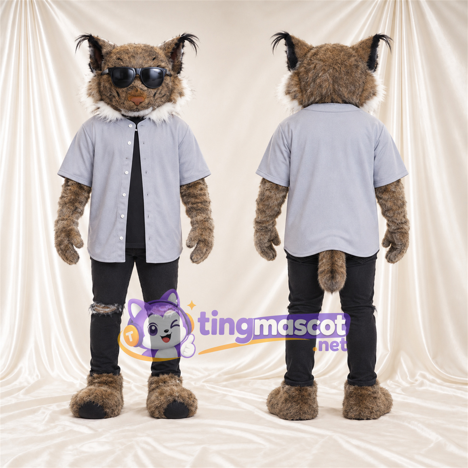 Costume de mascotte Lynx – brun clair – Chemise (gris); Pantalon (noir) Costume de mascotte Lynx – brun clair – Chemise (gris); Pantalon (noir)