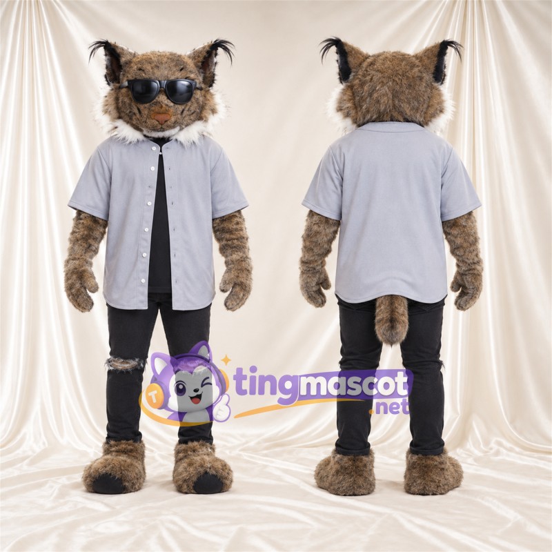 Costume de mascotte Lynx – brun clair – Chemise (gris); Pantalon (noir)