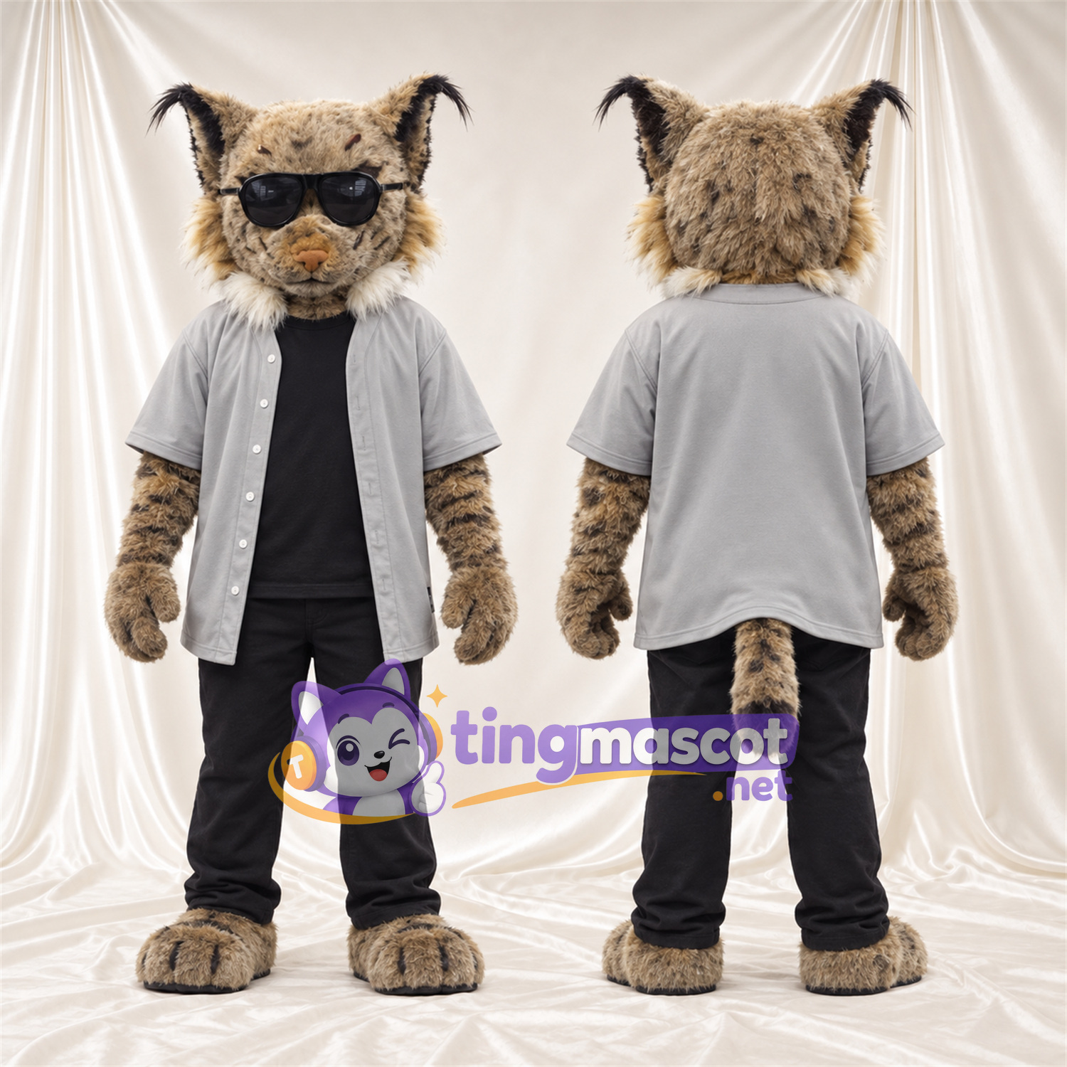 Costume de mascotte Lynx – brun clair – Chemise (gris); Pantalon (noir) Costume de mascotte Lynx – brun clair – Chemise (gris); Pantalon (noir)