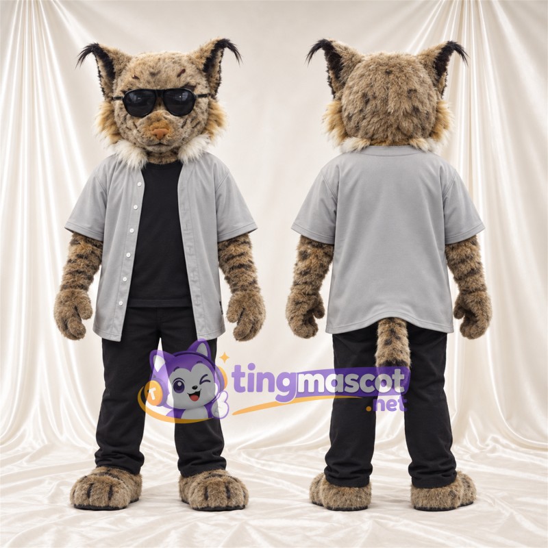 Costume de mascotte Lynx – brun clair – Chemise (gris); Pantalon (noir)